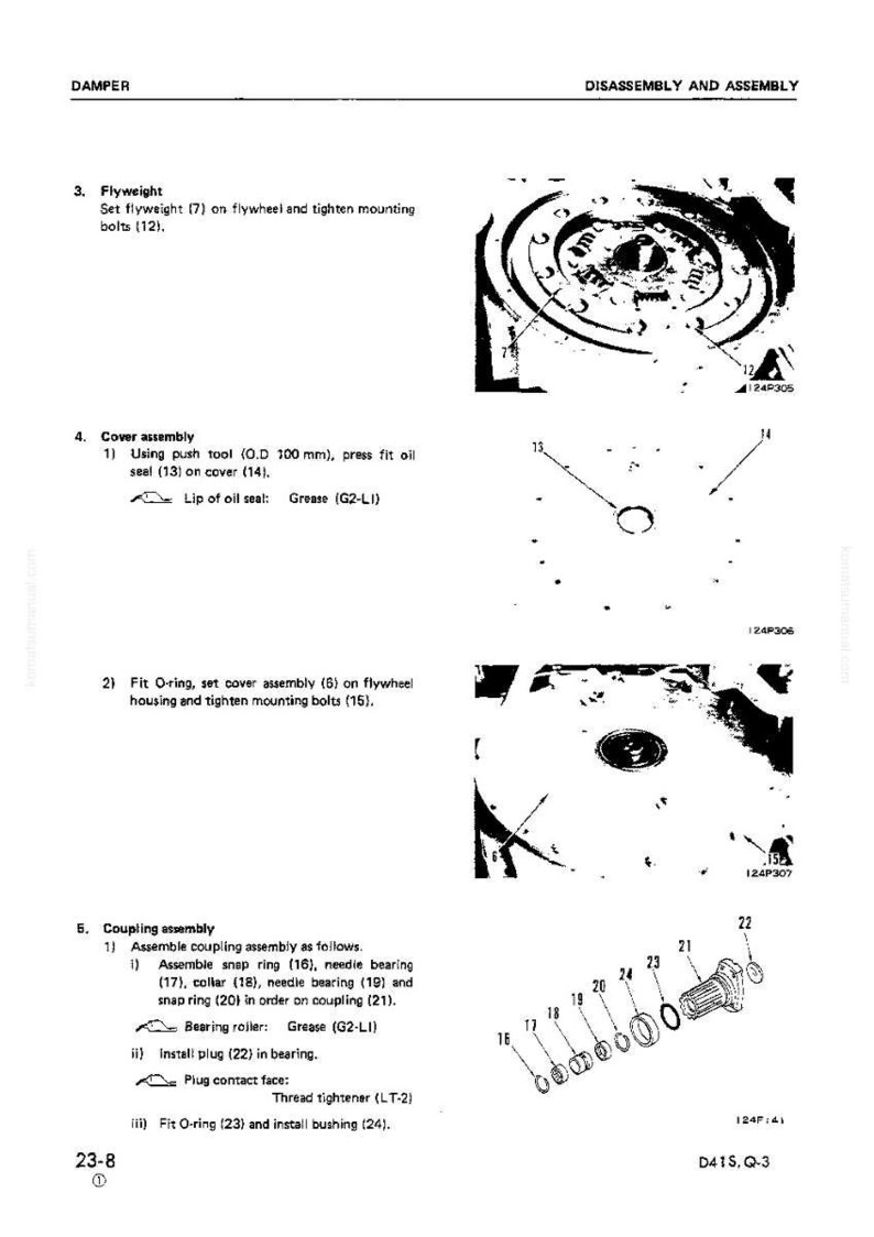 May include: Diagram of a damper assembly with detailed instructions for disassembly and assembly. Includes illustrations of flyweight, cover assembly, and coupling assembly components. Text labels and part numbers are included.
