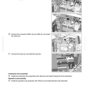 K&ouml;nnte beinhalten: Eine Seite aus einem Handbuch, die die Demontage und Montage eines Hydrauliktanks detailliert. Das Bild zeigt Diagramme mit Beschriftungen und Anweisungen zum Anschlie&szlig;en von Steckern, Klemmen und zum Einbau von Schrauben, Kappen, Klemmen, Schl&auml;uchen und Clips.