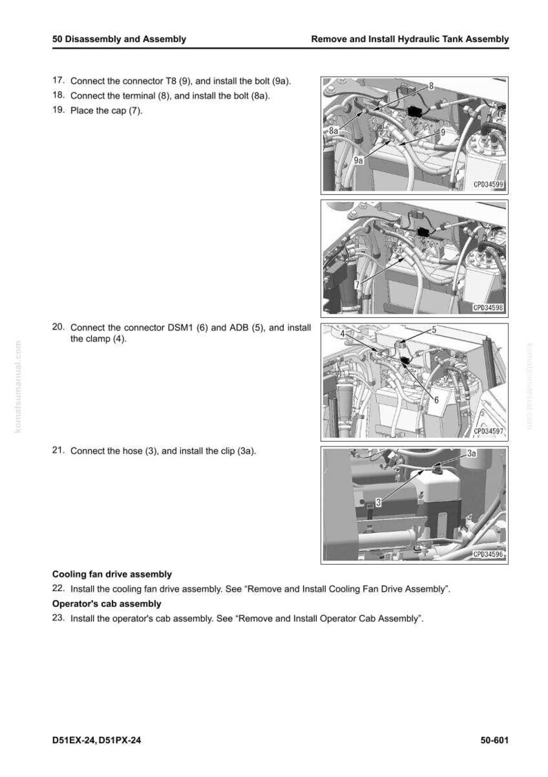 K&ouml;nnte beinhalten: Eine Seite aus einem Handbuch, die die Demontage und Montage eines Hydrauliktanks detailliert. Das Bild zeigt Diagramme mit Beschriftungen und Anweisungen zum Anschlie&szlig;en von Steckern, Klemmen und zum Einbau von Schrauben, Kappen, Klemmen, Schl&auml;uchen und Clips.