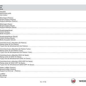 May include: A manual page featuring a table of contents in German, English, and French. The table details engine components such as motor attachments, air coolers, and filters. The Weidemann logo is visible at the bottom right.