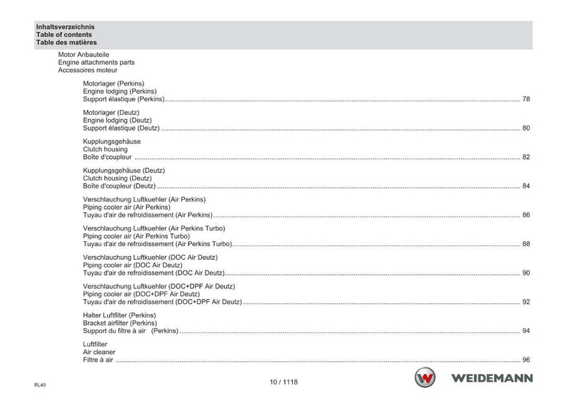 May include: A manual page featuring a table of contents in German, English, and French. The table details engine components such as motor attachments, air coolers, and filters. The Weidemann logo is visible at the bottom right.