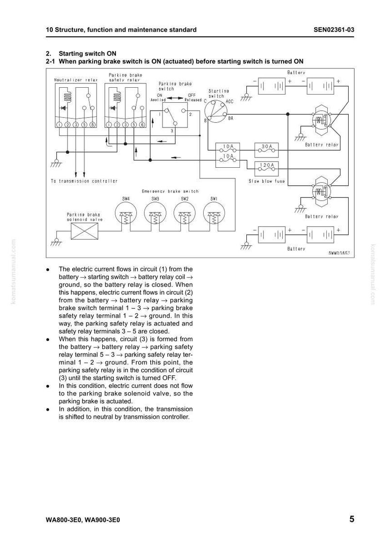 Puede incluir: Diagrama de circuito el&eacute;ctrico con etiquetas y s&iacute;mbolos, incluyendo bater&iacute;a, rel&eacute;s, interruptores y fusibles. El texto explica la funci&oacute;n y el mantenimiento del circuito.