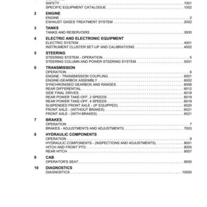K&ouml;nnte beinhalten: Ein wei&szlig;es Dokument mit dem Titel &bdquo;INHALTSVERZEICHNIS&ldquo; und einer Liste von Abschnitten f&uuml;r einen Traktorkatalog. Die Abschnitte umfassen Allgemeines, Motor, Tanks, elektrische Ausr&uuml;stung, Lenkung, Getriebe, Bremsen, Hydraulikkomponenten, Kabine und Diagnose.
