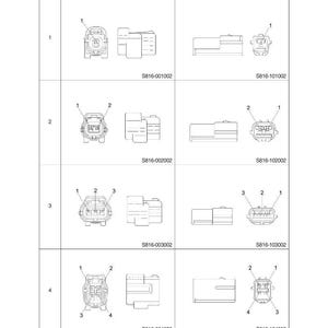 Pu&ograve; includere: Schema dei CONNETTORI DI TIPO J ECONOSEAL, che mostra connettori femmina e maschio con da 1 a 4 pin. Include i numeri di parte S816-001002, S816-101002, S816-002002, S816-102002, S816-003002, S816-103002, S816-004002 e S816-104002.