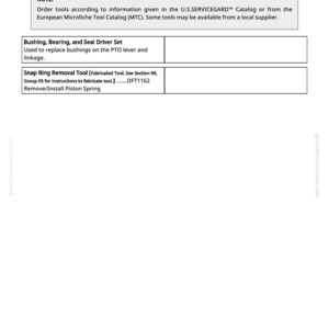 May include: A white document titled "Service Equipment and Tools" with a list of tools. The document includes "Bushing, Bearing, and Seal Driver Set" and "Snap Ring Removal Tool". The text also includes a note about ordering tools.