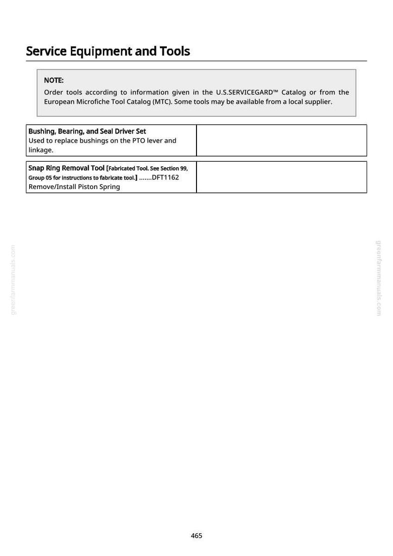May include: A white document titled "Service Equipment and Tools" with a list of tools. The document includes "Bushing, Bearing, and Seal Driver Set" and "Snap Ring Removal Tool". The text also includes a note about ordering tools.