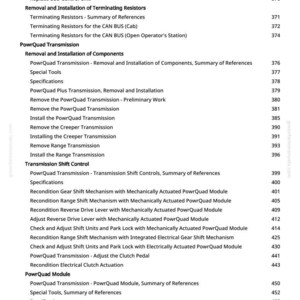 Może przedstawiać: Strona z instrukcji z szczeg&oacute;łowym spisem treści. Tematy obejmują &bdquo;Informacje dotyczące bezpieczeństwa&rdquo;, &bdquo;Transmisja PowrQuad&rdquo; i &bdquo;Kontrola zmiany bieg&oacute;w w skrzyni bieg&oacute;w&rdquo;. Numery stron znajdują się po prawej stronie.