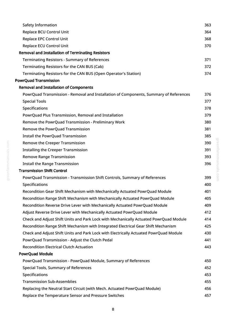 Może przedstawiać: Strona z instrukcji z szczeg&oacute;łowym spisem treści. Tematy obejmują &bdquo;Informacje dotyczące bezpieczeństwa&rdquo;, &bdquo;Transmisja PowrQuad&rdquo; i &bdquo;Kontrola zmiany bieg&oacute;w w skrzyni bieg&oacute;w&rdquo;. Numery stron znajdują się po prawej stronie.