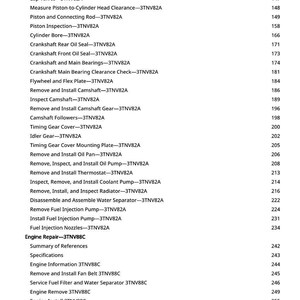 May include: A detailed table of contents from a manual, listing engine repair procedures. The text includes terms like "Exhaust Manifold," "Cylinder Bore," and "Fuel Injection Nozzles." Page numbers are listed to the right of each item.