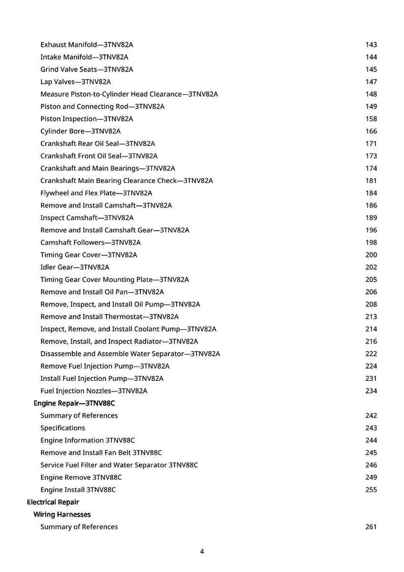 May include: A detailed table of contents from a manual, listing engine repair procedures. The text includes terms like "Exhaust Manifold," "Cylinder Bore," and "Fuel Injection Nozzles." Page numbers are listed to the right of each item.
