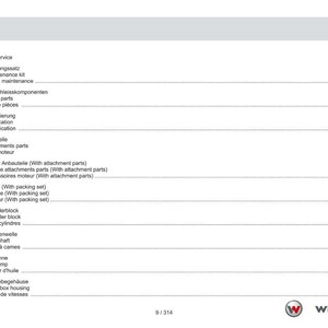 May include: A page from a manual with a table of contents in German, English, and French. The document lists service, engine parts, and other mechanical components. The Weidemann logo is in the bottom right corner.