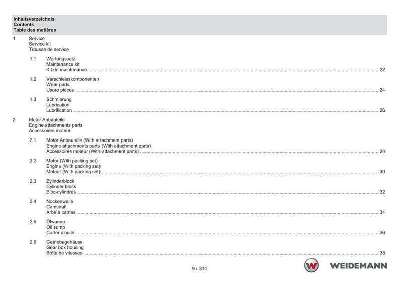 May include: A page from a manual with a table of contents in German, English, and French. The document lists service, engine parts, and other mechanical components. The Weidemann logo is in the bottom right corner.