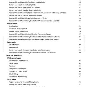 Peut inclure: Une page de manuel avec une liste de proc&eacute;dures, notamment "Retirer et installer le v&eacute;rin de pliage secondaire" et "D&eacute;monter et assembler la pile de vannes hydrauliques." Le texte est en noir sur fond blanc.