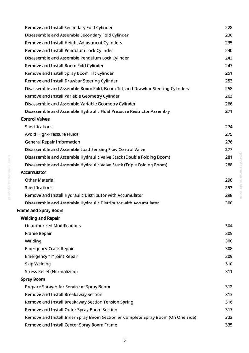 Peut inclure: Une page de manuel avec une liste de proc&eacute;dures, notamment "Retirer et installer le v&eacute;rin de pliage secondaire" et "D&eacute;monter et assembler la pile de vannes hydrauliques." Le texte est en noir sur fond blanc.