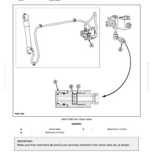May include: Diagram of hydraulic components, including a check valve, quick-coupler, and cylinders. The image includes a legend with part numbers and descriptions. Text indicates the importance of correct orientation of restrictors.