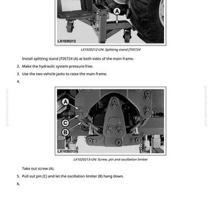 Pode incluir: Diagrama t&eacute;cnico de componentes do trator com etiquetas A, B e C. O texto inclui instru&ccedil;&otilde;es para instalar um suporte de divis&atilde;o e remover parafusos e pinos. A imagem &eacute; uma ilustra&ccedil;&atilde;o t&eacute;cnica.