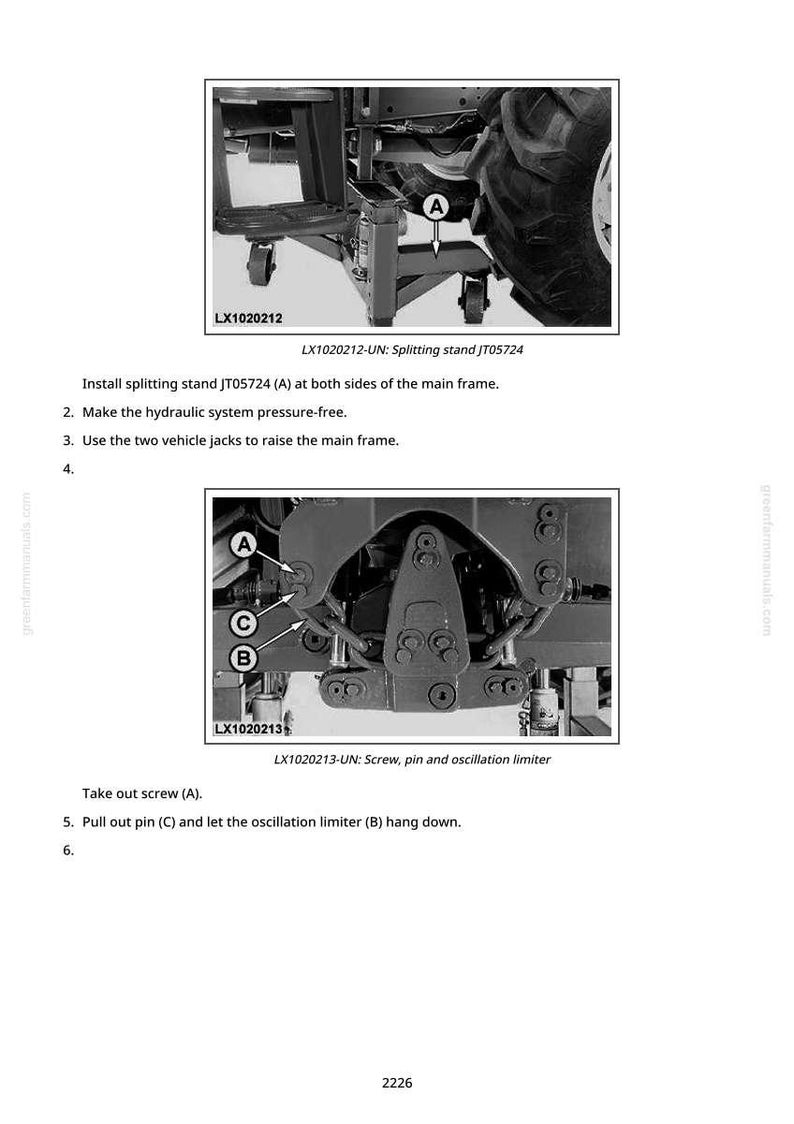Pode incluir: Diagrama t&eacute;cnico de componentes do trator com etiquetas A, B e C. O texto inclui instru&ccedil;&otilde;es para instalar um suporte de divis&atilde;o e remover parafusos e pinos. A imagem &eacute; uma ilustra&ccedil;&atilde;o t&eacute;cnica.