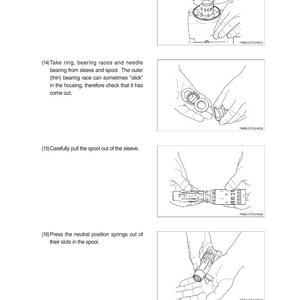 May include: A page from a manual with four illustrated steps for disassembling a mechanical component. The illustrations are in black and white, showing hands manipulating parts. Text accompanies each step, describing the process.