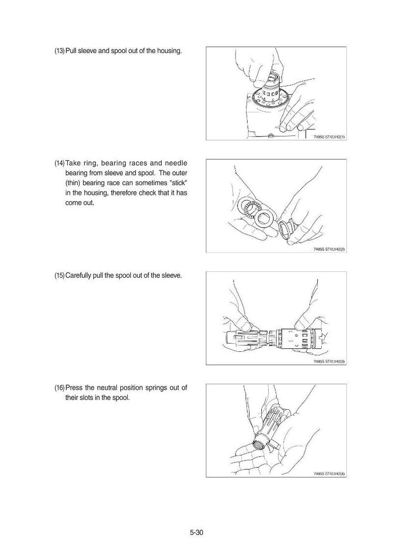 May include: A page from a manual with four illustrated steps for disassembling a mechanical component. The illustrations are in black and white, showing hands manipulating parts. Text accompanies each step, describing the process.