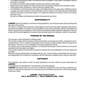 May include: A printed manual with the title "INTRODUCTION" and the Landini logo. The manual provides information on tractor models 7000/9000, including safety regulations, servicing, and copyright information. The manual is dated 09-2015.