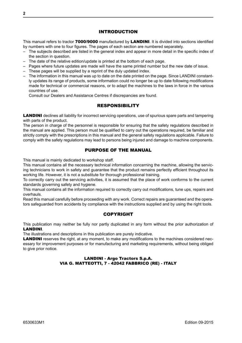 May include: A printed manual with the title "INTRODUCTION" and the Landini logo. The manual provides information on tractor models 7000/9000, including safety regulations, servicing, and copyright information. The manual is dated 09-2015.