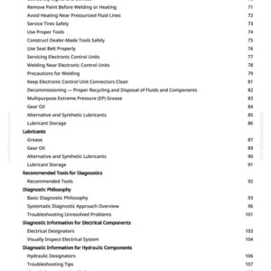 May include: A white page with a detailed table of contents from a manual. The text includes topics like "Lubricant Storage", "Diagnostic Philosophy", and "Hydraulic Components". Page numbers are listed on the right.