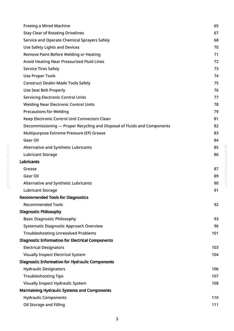 May include: A white page with a detailed table of contents from a manual. The text includes topics like "Lubricant Storage", "Diagnostic Philosophy", and "Hydraulic Components". Page numbers are listed on the right.