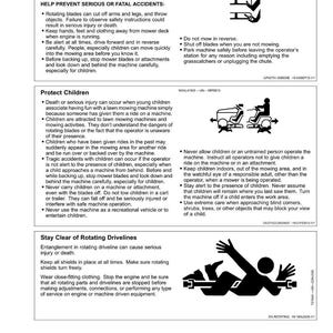 May include: A safety manual page with warnings about lawn mower operation. Text and diagrams illustrate dangers of rotating blades and drivelines, emphasizing the importance of child safety and proper machine use.