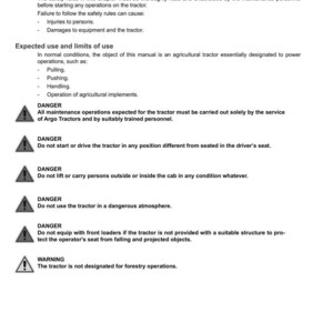 May include: A white document with black text detailing safety and usage instructions for Argo Tractors. The document includes warnings and safety guidelines, such as not operating the tractor in a dangerous atmosphere.