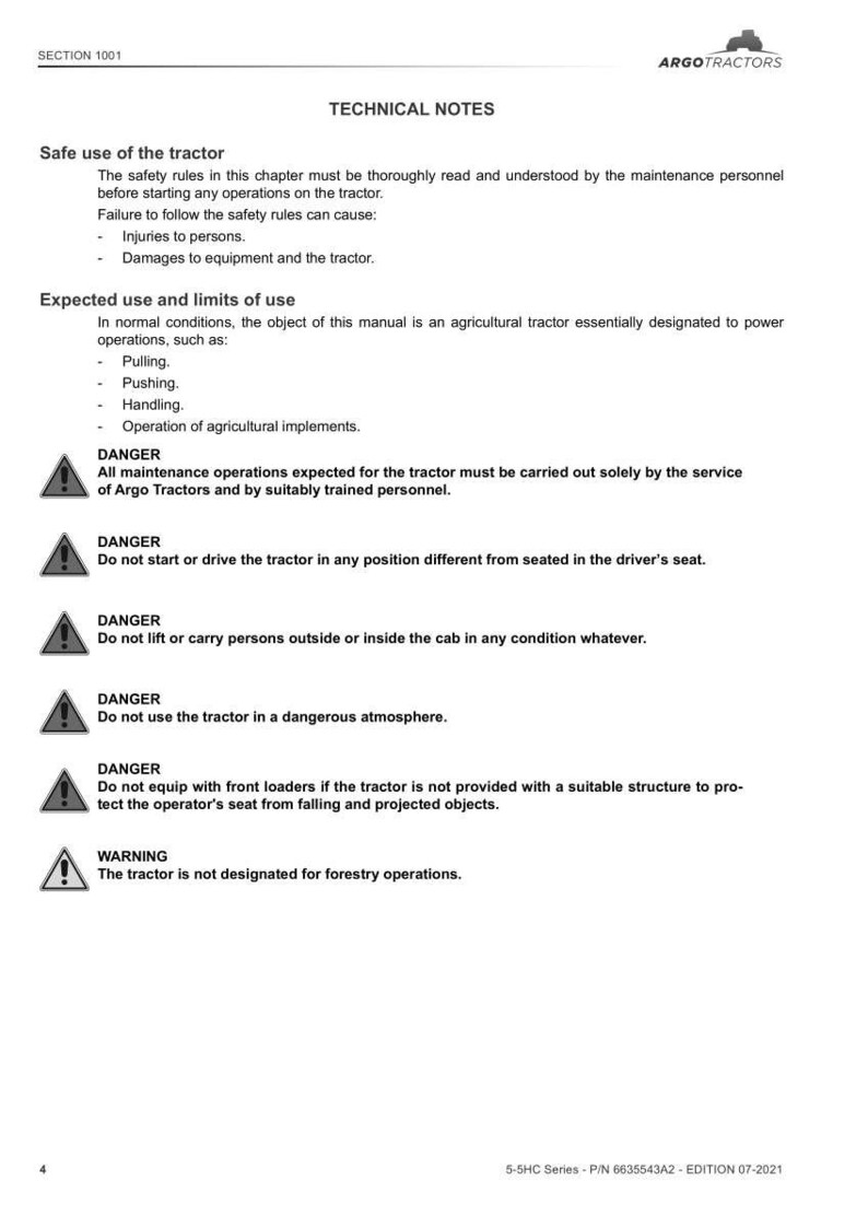 May include: A white document with black text detailing safety and usage instructions for Argo Tractors. The document includes warnings and safety guidelines, such as not operating the tractor in a dangerous atmosphere.