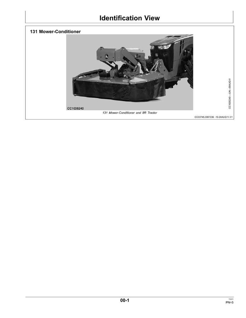 May include: An identification view of a 131 Mower-Conditioner and B&R Tractor. The image shows the machinery in a grey and black colour scheme. The text "Identification View" and "131 Mower-Conditioner" are visible at the top. The text "CC1035240" is also visible.