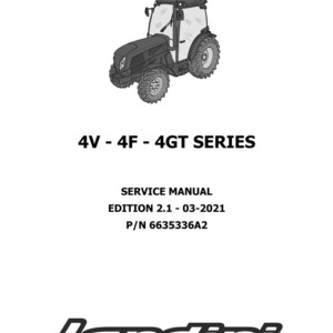 Puede incluir: Ilustraci&oacute;n en blanco y negro de un tractor con el texto "4V - 4F - 4GT SERIES". Debajo, el texto dice "SERVICE MANUAL EDITION 2.1 - 03-2021 P/N 6635336A2". El logotipo de Landini est&aacute; en la parte inferior.