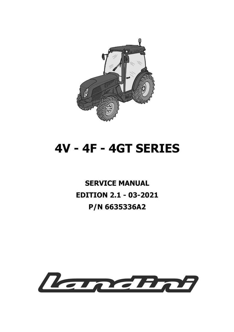 Puede incluir: Ilustraci&oacute;n en blanco y negro de un tractor con el texto "4V - 4F - 4GT SERIES". Debajo, el texto dice "SERVICE MANUAL EDITION 2.1 - 03-2021 P/N 6635336A2". El logotipo de Landini est&aacute; en la parte inferior.