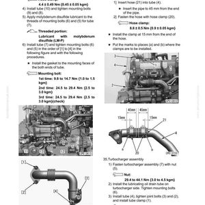 May include: Diagram of engine components with labels and measurements in millimeters and Newton meters. Includes instructions for disassembly and assembly of tubes, bolts, and clamps. The image is from a technical manual.