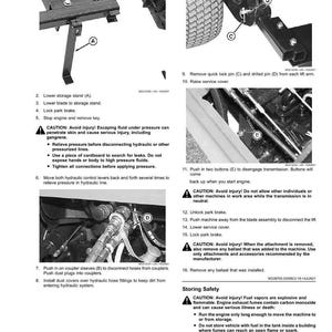 Puede incluir: Una p&aacute;gina de manual titulada "Extracci&oacute;n y almacenamiento" con diagramas e instrucciones. Incluye pasos para desconectar mangueras, bloquear frenos y advertencias de seguridad sobre fluidos a presi&oacute;n y vapores de combustible.