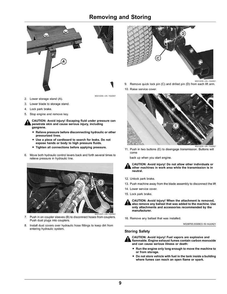 Puede incluir: Una p&aacute;gina de manual titulada "Extracci&oacute;n y almacenamiento" con diagramas e instrucciones. Incluye pasos para desconectar mangueras, bloquear frenos y advertencias de seguridad sobre fluidos a presi&oacute;n y vapores de combustible.