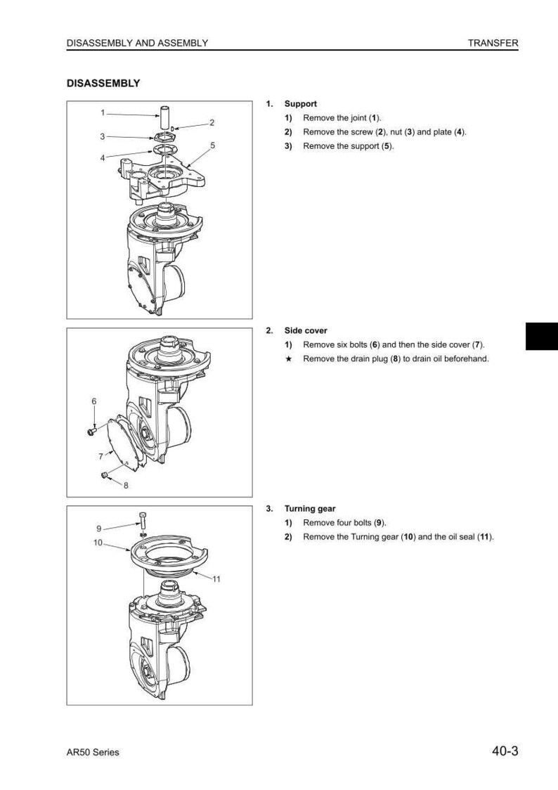 May include: Diagram of a mechanical assembly with numbered parts for disassembly. The image includes exploded views and instructions for removing components like bolts, screws, and covers. Text includes "Disassembly and Assembly" and "AR50 Series".
