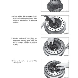 May include: A page from a manual showing the disassembly of a mechanical component. The images show steps including removing pins, axles, gears, and washers. Text indicates the steps involved in the process.