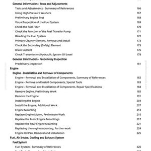 K&ouml;nnte beinhalten: Eine wei&szlig;e Seite aus einem Handbuch mit einem Inhaltsverzeichnis. Der Text enth&auml;lt Abschnitte zu Motorkomponenten, Kraftstoffsystemen und allgemeinen Informationen. Seitenzahlen sind auf der rechten Seite aufgef&uuml;hrt.