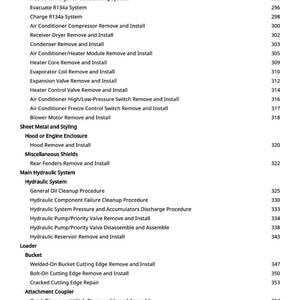 May include: A detailed table of contents from a manual, listing automotive repair procedures. Topics include air conditioning, hydraulic systems, and loader maintenance. The page numbers are listed on the right side.