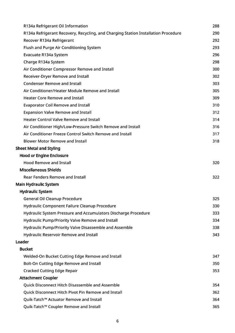 May include: A detailed table of contents from a manual, listing automotive repair procedures. Topics include air conditioning, hydraulic systems, and loader maintenance. The page numbers are listed on the right side.
