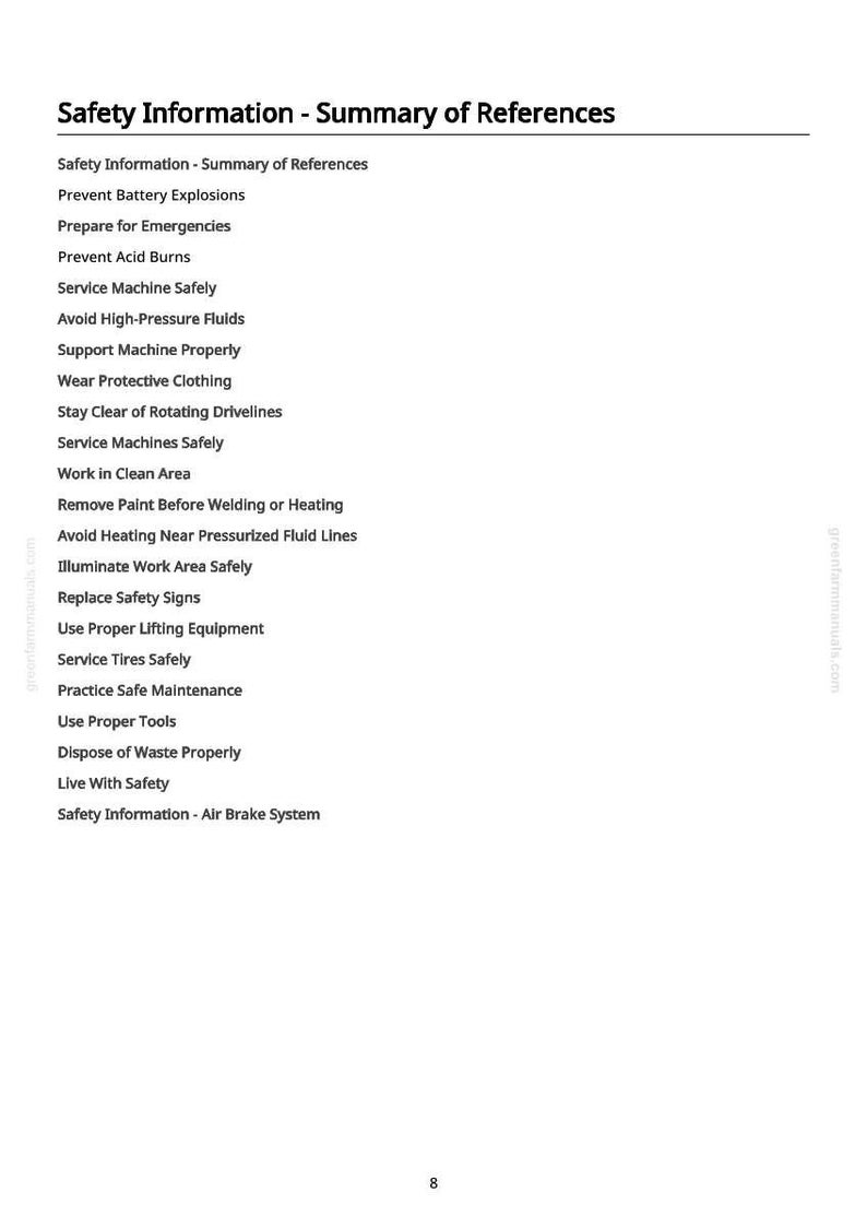 May include: A white page with the title "Safety Information - Summary of References" and a list of safety guidelines. The text includes topics like preventing explosions, wearing protective clothing, and using proper tools.