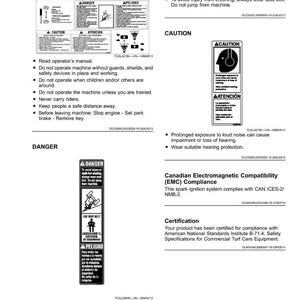 May include: Image of safety labels with text, including "Danger," "Caution," and "Use Seat Belt" warnings. The labels provide instructions and safety information for machinery operation, with text in English and Spanish.
