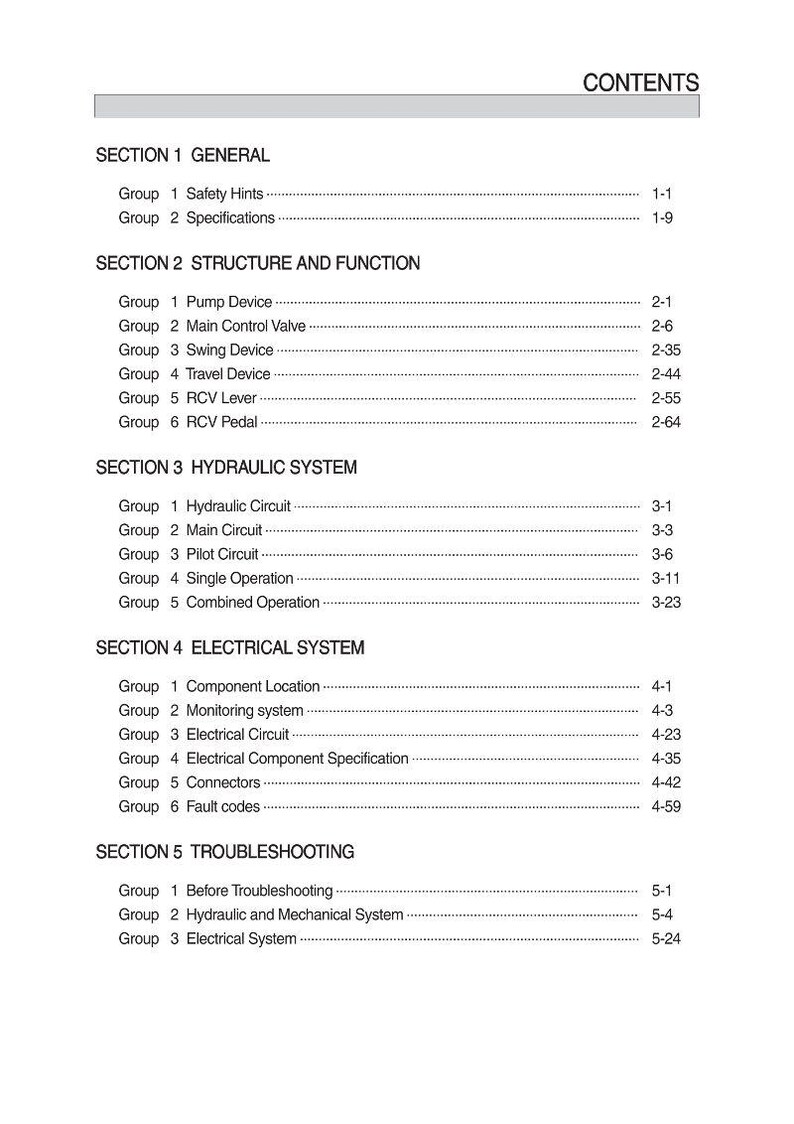 May include: A detailed table of contents from a manual, with sections on general information, structure, function, hydraulic and electrical systems, and troubleshooting. The text is black on a white background.