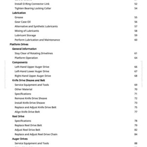 May include: A white page from a manual with a table of contents. The text includes sections on repair components, lubrication, platform drives, and auger drives. Page numbers are listed on the right.