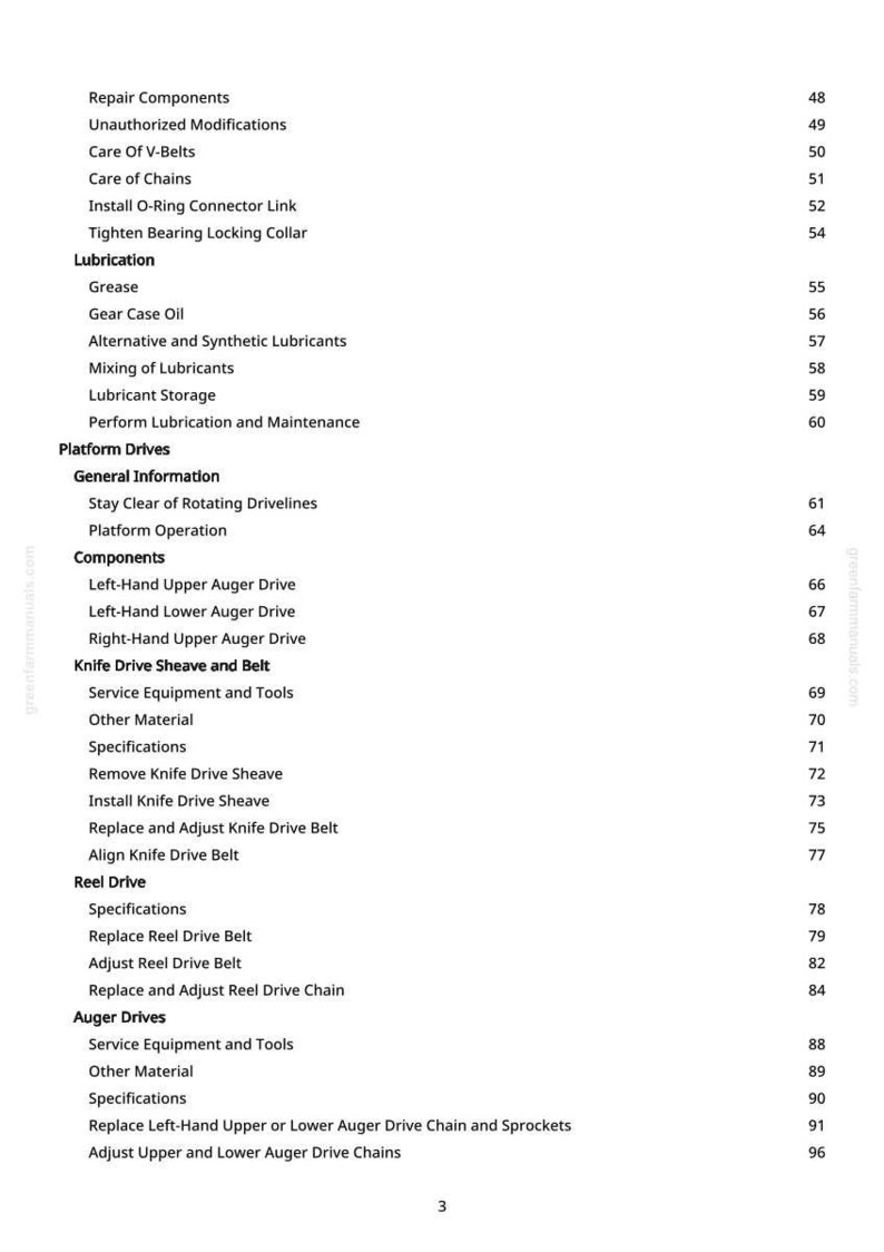 May include: A white page from a manual with a table of contents. The text includes sections on repair components, lubrication, platform drives, and auger drives. Page numbers are listed on the right.
