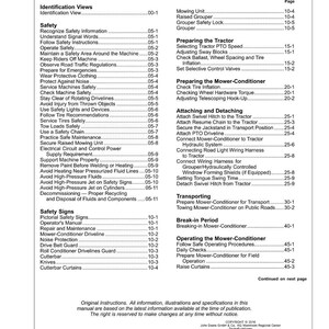 May include: A detailed table of contents from a manual, listing safety information, operating procedures, and maintenance guidelines. The document includes page numbers and various subtopics related to machinery operation and safety.