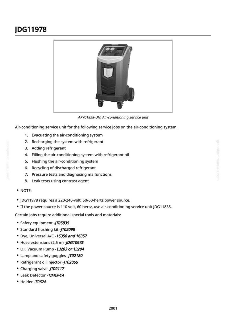 Op de afbeelding: Airconditioning service-eenheid, model APY01858-UN, in grijs en zwart. De unit staat op wielen en bevat tekst met details over serviceklussen en benodigde gereedschappen.