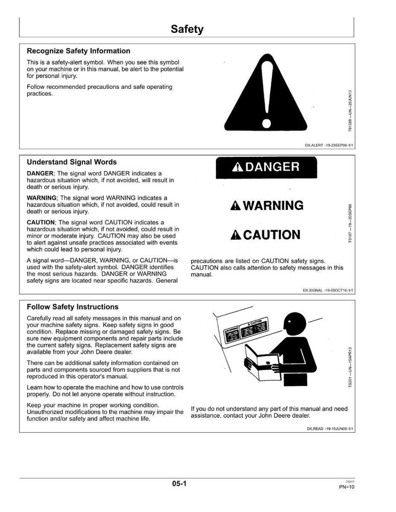 May include: A page from a manual titled "Safety" with safety alert symbols and instructions. Includes "Danger," "Warning," and "Caution" signal words, and safety instructions. A diagram shows a person reading a manual.