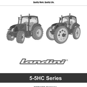 May include: A service manual cover featuring two black and grey tractors. The top of the cover displays the "ARGO TRACTORS" logo and the text "Quality Work. Quality Life." The "Landini" logo and "5-5HC Series" are also visible.